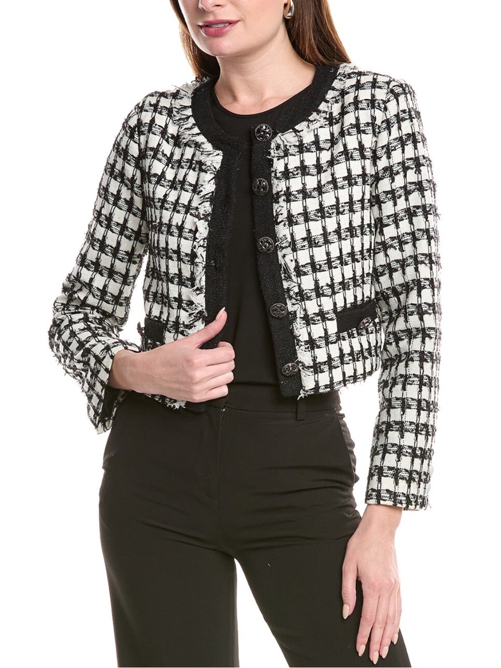 NWOT Endless Rose Black White Tweed Cropped Jacket Chanel Style Blazer Size M